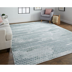 Area Rug, 8 ft x 10 ft, Teal Blue with Dotted Pattern