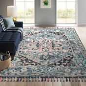 Area Rug, 8 ft x 10 ft with Blue and Pink Oriental Pattern