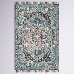 Area Rug, 8 ft x 10 ft with Blue and Pink Oriental Pattern
