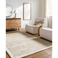 Area Rug, 8 Ft x 10 Ft, Wool in Beige and Brown