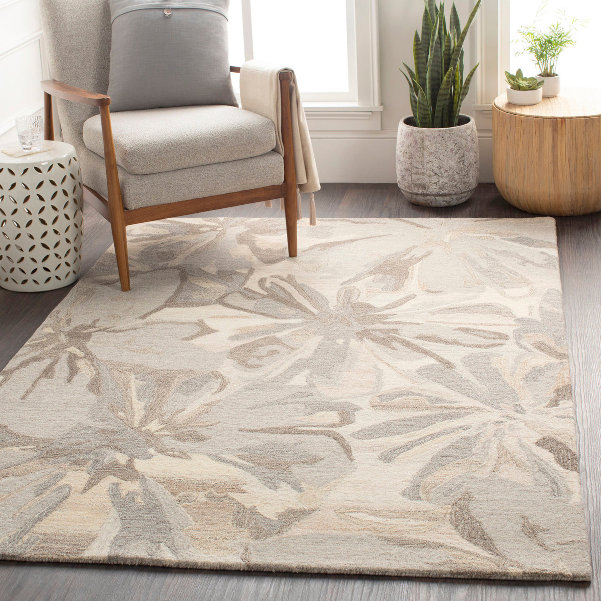 Area Rug, 8 Ft x 11 Ft, Taupe Wool with Floral Pattern