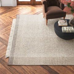 Area Rug, 8' x 10', Beige and Brown Wool with Fringe