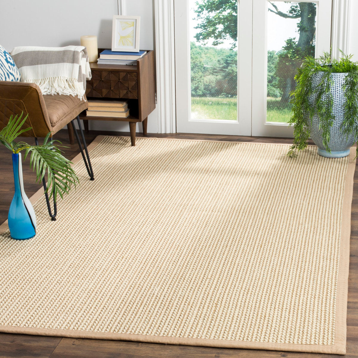 Area Rug, 8' x 10', Beige Jute and Wool Blend with Beige Border