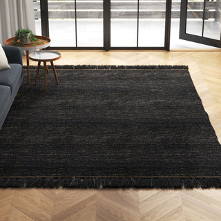 Area Rug, 8' x 10', Black Hand-Woven Dhurrie