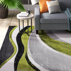 Area Rug, 8 x 10 ft, Abstract Waves in Gray, Green and White