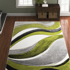 Area Rug, 8 x 10 ft, Abstract Waves in Gray, Green and White