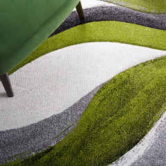 Area Rug, 8 x 10 ft, Abstract Waves in Gray, Green and White