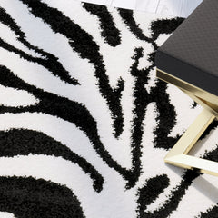 Area Rug, 8 x 10 ft, Animal Print Shag in Ivory and Black