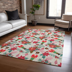 Area Rug, 8 x 10 ft, Beige Polyester with Floral Pattern