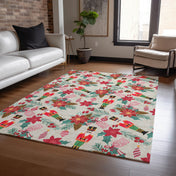 Area Rug, 8 x 10 ft, Beige Polyester with Floral Pattern