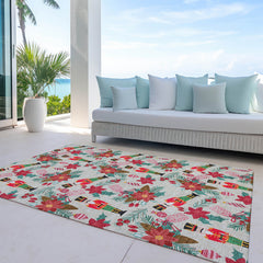 Area Rug, 8 x 10 ft, Beige Polyester with Floral Pattern