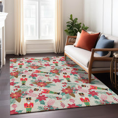 Area Rug, 8 x 10 ft, Beige Polyester with Floral Pattern