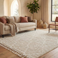 Area Rug, 8 x 10 ft, Beige Polyester with Geometric Pattern