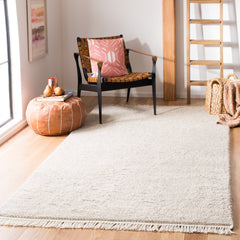 Area Rug, 8 x 10 Ft, Beige Wool with Fringe