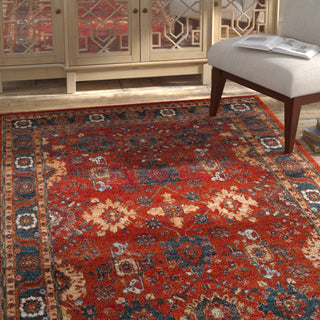 Area Rug, 8 x 10 ft, Blue and Orange with Persian-Inspired Pattern