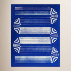 Area Rug, 8 x 10 ft, Blue Wool with Serpentine Stripes