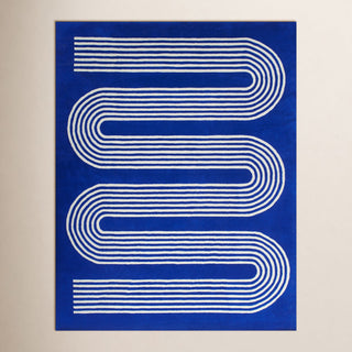 Area Rug, 8 x 10 ft, Blue Wool with Serpentine Stripes