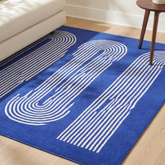 Area Rug, 8 x 10 ft, Blue Wool with Serpentine Stripes
