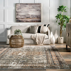 Area Rug, 8 x 10 ft, Brown with Medallion Pattern