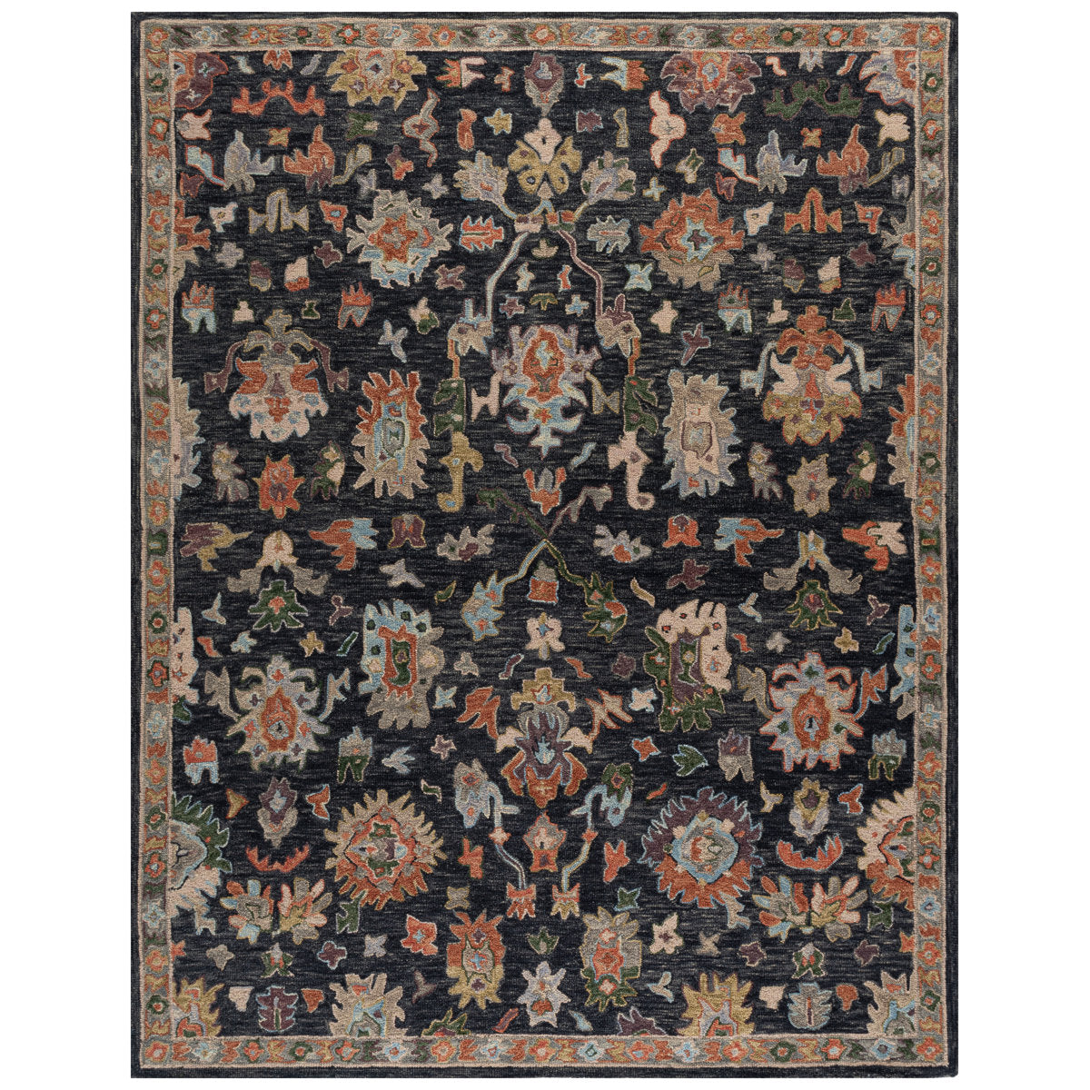 Area Rug, 8 x 10 ft, Dark Gray/Sage in Hand Woven Cotton and Wool