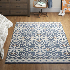 Area Rug, 8 x 10 Ft, Geometric Wool in Blue and Ivory