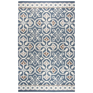 Area Rug, 8 x 10 Ft, Geometric Wool in Blue and Ivory