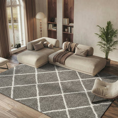 Area Rug, 8 x 10 ft, Gray and Ivory Shag with Geometric Pattern