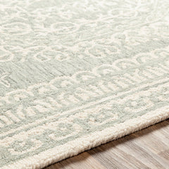 Area Rug, 8 x 10 ft, Green and Ivory Wool with Oriental Pattern