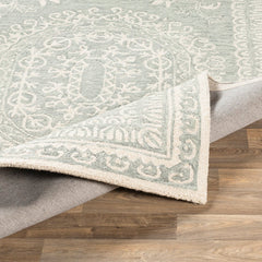Area Rug, 8 x 10 ft, Green and Ivory Wool with Oriental Pattern