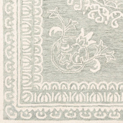 Area Rug, 8 x 10 ft, Green and Ivory Wool with Oriental Pattern
