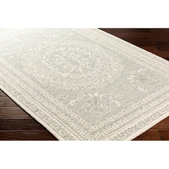 Area Rug, 8 x 10 ft, Green and Ivory Wool with Oriental Pattern
