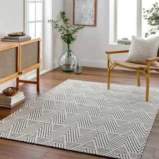 Area Rug, 8 x 10 ft, Hand Woven in White and Black Wool Blend