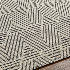 Area Rug, 8 x 10 ft, Hand Woven in White and Black Wool Blend