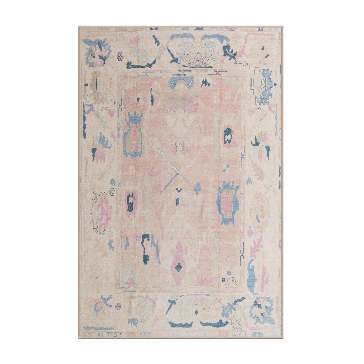 Area Rug, 8 x 10 ft in Beige, Pink and Blue Abstract Chenille