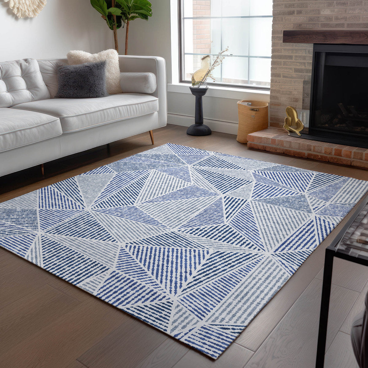 Area Rug, 8 x 10 ft in Navy Polyester with Geometric Pattern