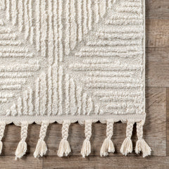 Area Rug, 8 x 10 ft, Ivory Geometric with Tassels