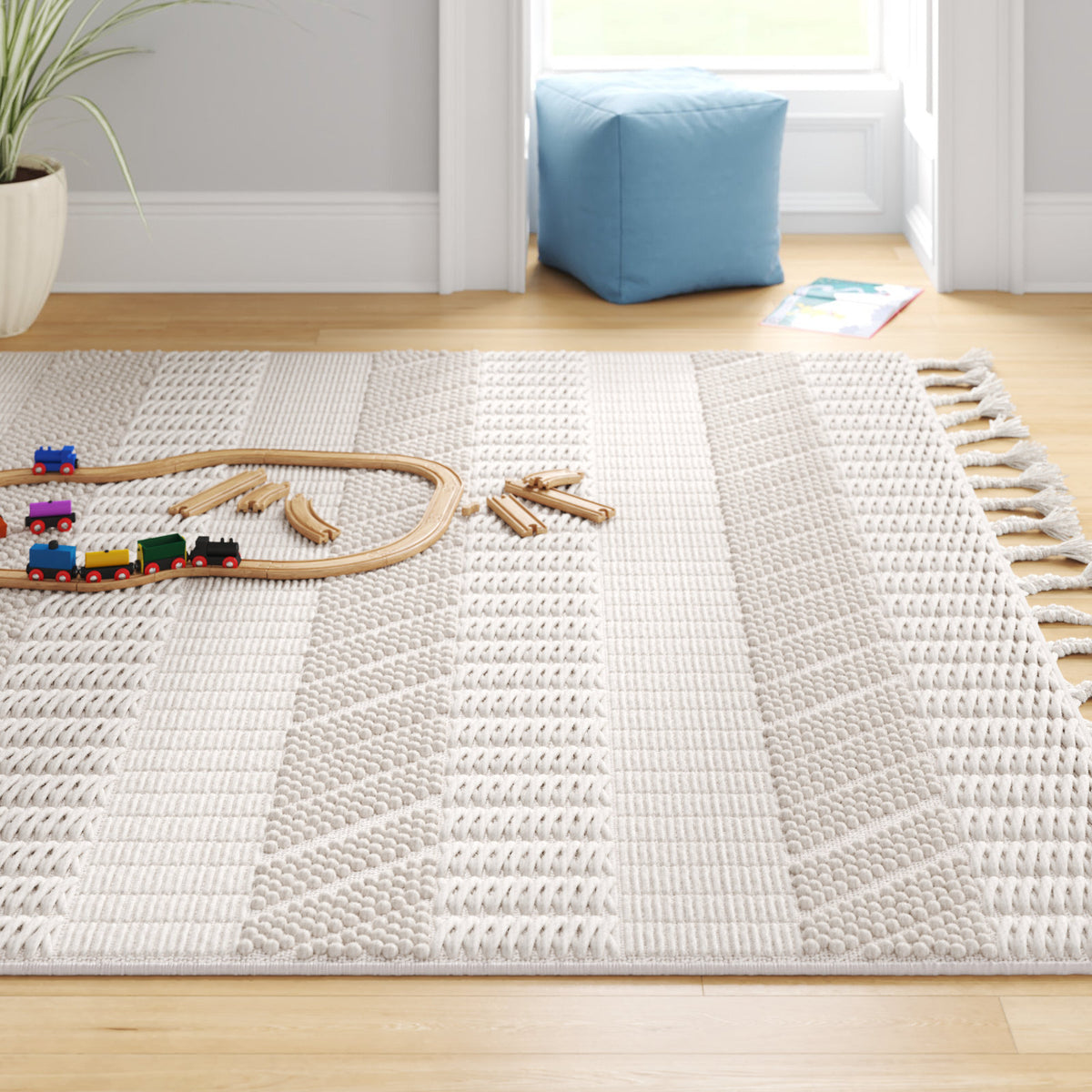 Area Rug, 8 x 10 ft, Ivory with Diagonal Stripes