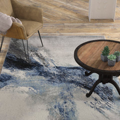 Area Rug, 8 x 10 ft, Polypropylene in Blue and Gray with Splatter Pattern