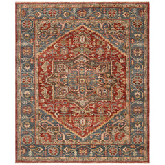 Area Rug, 8 x 10 Ft, Red and Blue Hand Knotted Wool with Fringe