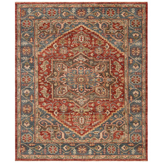 Area Rug, 8 x 10 Ft, Red and Blue Hand Knotted Wool with Fringe