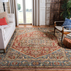 Area Rug, 8 x 10 Ft, Red and Blue Hand Knotted Wool with Fringe