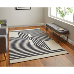 Area Rug, 8 x 10 ft with Ivory and Black Wool and Nylon