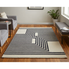 Area Rug, 8 x 10 ft with Ivory and Black Wool and Nylon