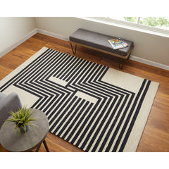 Area Rug, 8 x 10 ft with Ivory and Black Wool and Nylon