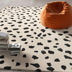 Area Rug, 8 x 10 Ft Wool, Black and Beige with Animal Print