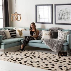 Area Rug, 8 x 10 Ft Wool, Black and Beige with Animal Print