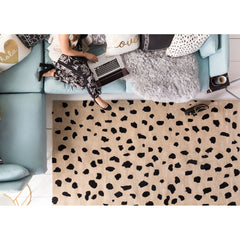 Area Rug, 8 x 10 Ft Wool, Black and Beige with Animal Print
