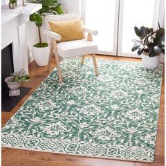 Area Rug, 8 x 10 ft Wool Damask in Dark Green and Ivory