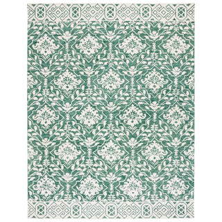 Area Rug, 8 x 10 ft Wool Damask in Dark Green and Ivory