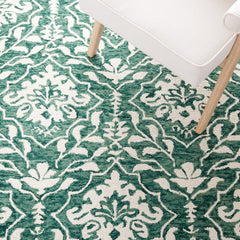 Area Rug, 8 x 10 ft Wool Damask in Dark Green and Ivory